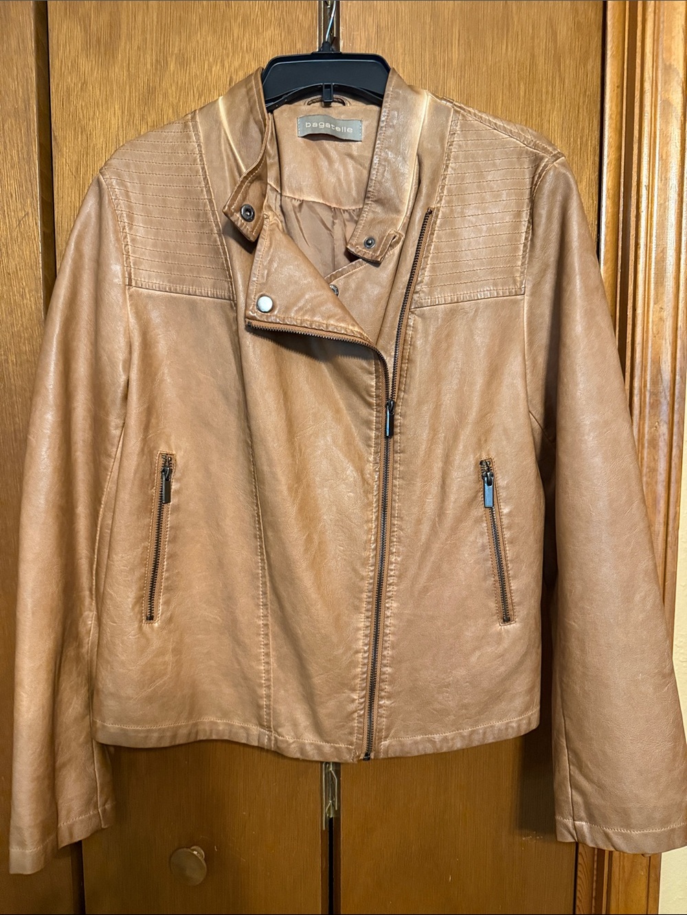 bagatelle Tan Faux Leather Moto Jacket with Zip Pockets